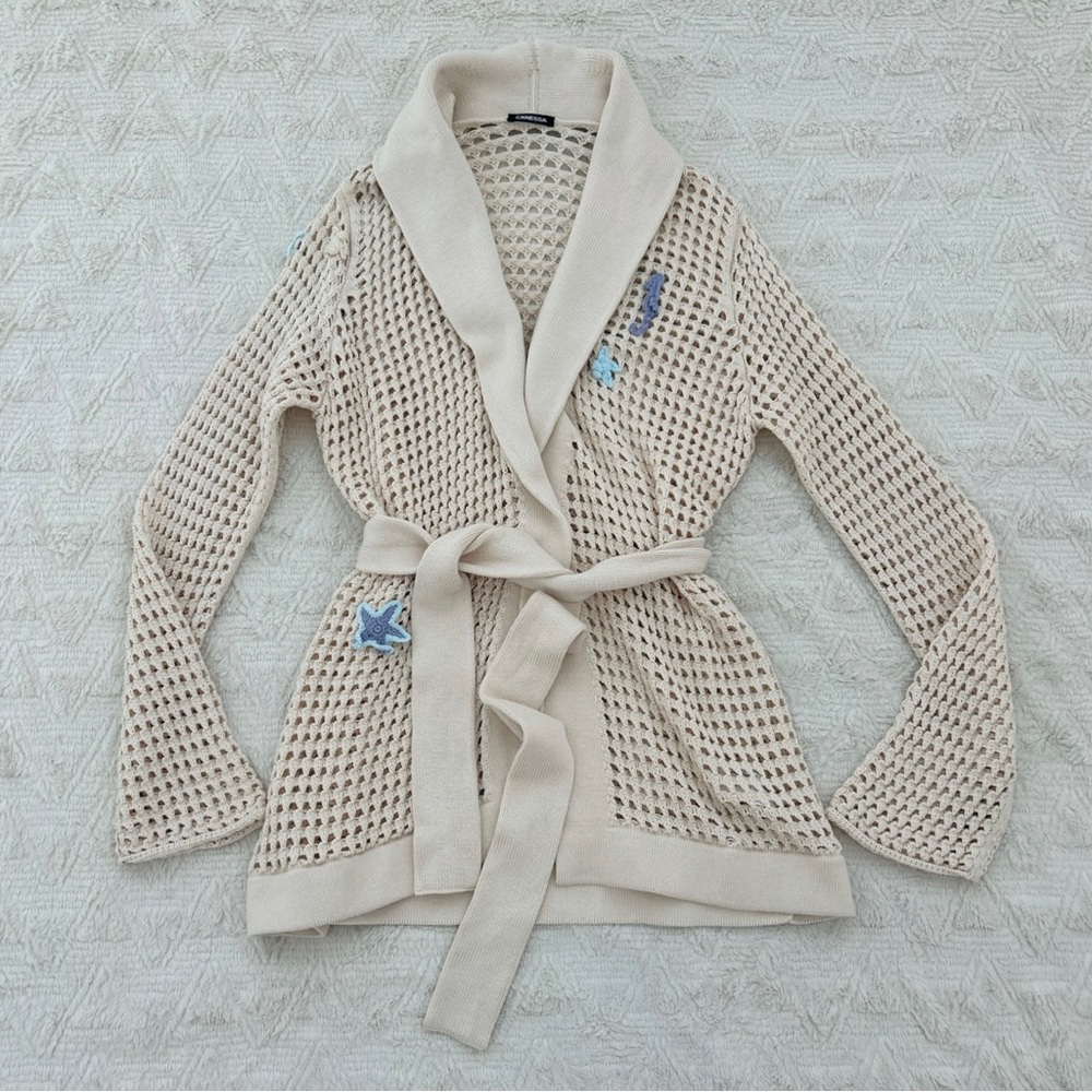Canessa crochet netted open knit sea patch pearl cardigan NWT